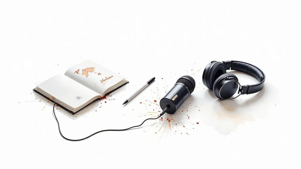 Flat lay of podcasting and writing tools: notebook, pen, microphone, headphones, coffee stains.