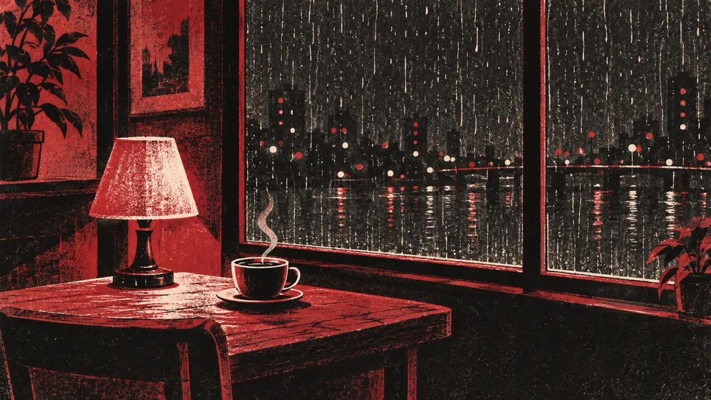 Illustrated still frame of a café window at night: rain on the glass, city lights outside, a table lamp and a cup of coffee.