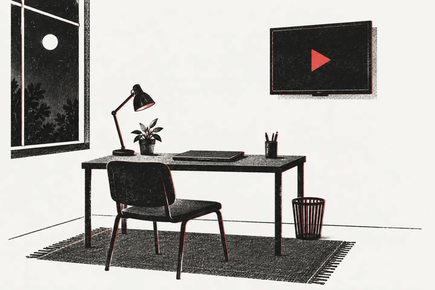 Illustration of an empty desk at night with a closed laptop and an empty chair, while a TV on the wall shows a red play symbol.