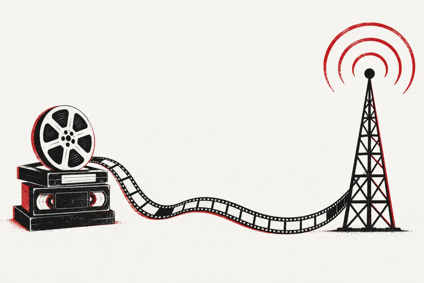 Illustration of a film reel on a stack of video cassettes, with a strip of film that runs to a broadcast antenna sending out red signal waves.